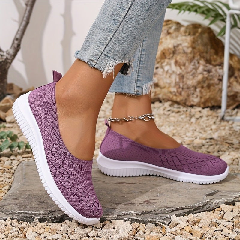 Women's geometric knit slip-on shoes with closed round toes and white ridged soles