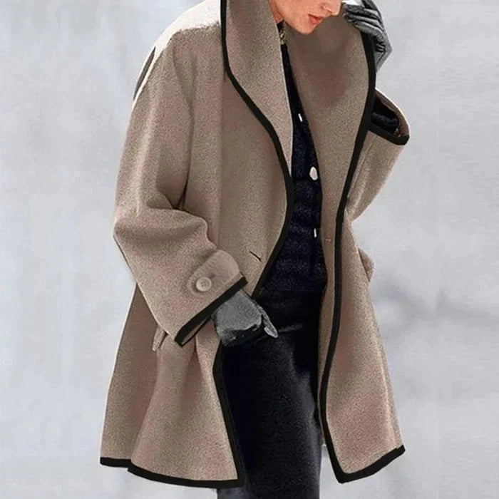 Women's contrast trim coat with wide lapel collar and long sleeves