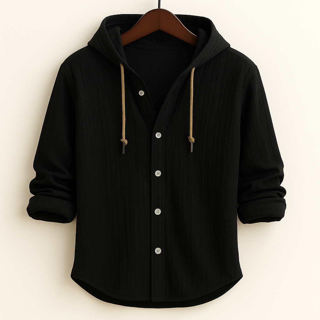 Men's long-sleeved hooded button shirt with drawstrings and curved hem