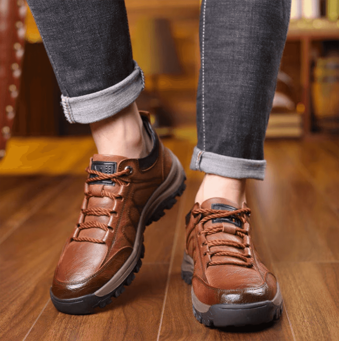 Men's Walking Shoes Leather Lace-Up Chunky Sole - Brown