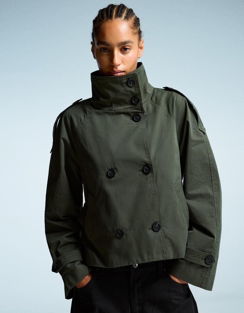 Women's cropped trench jacket with high collar, button front and belted waist