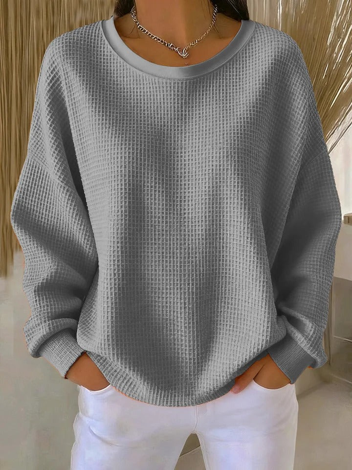 Women's long-sleeve waffle-knit crew-neck jumper with ribbed trims