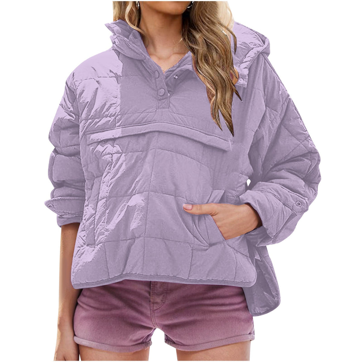 Women's oversized quilted hooded pullover jacket with long sleeves and front pockets