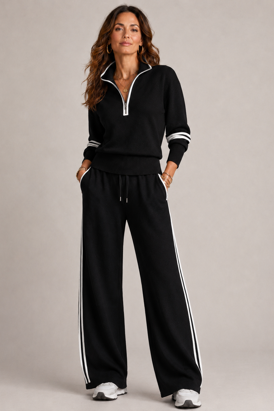 Women's mock-neck zip sweater and wide-leg trouser set with contrast stripes