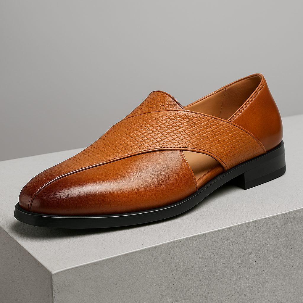 Men's two-tone textured slip-on loafer with rounded toe and flat sole