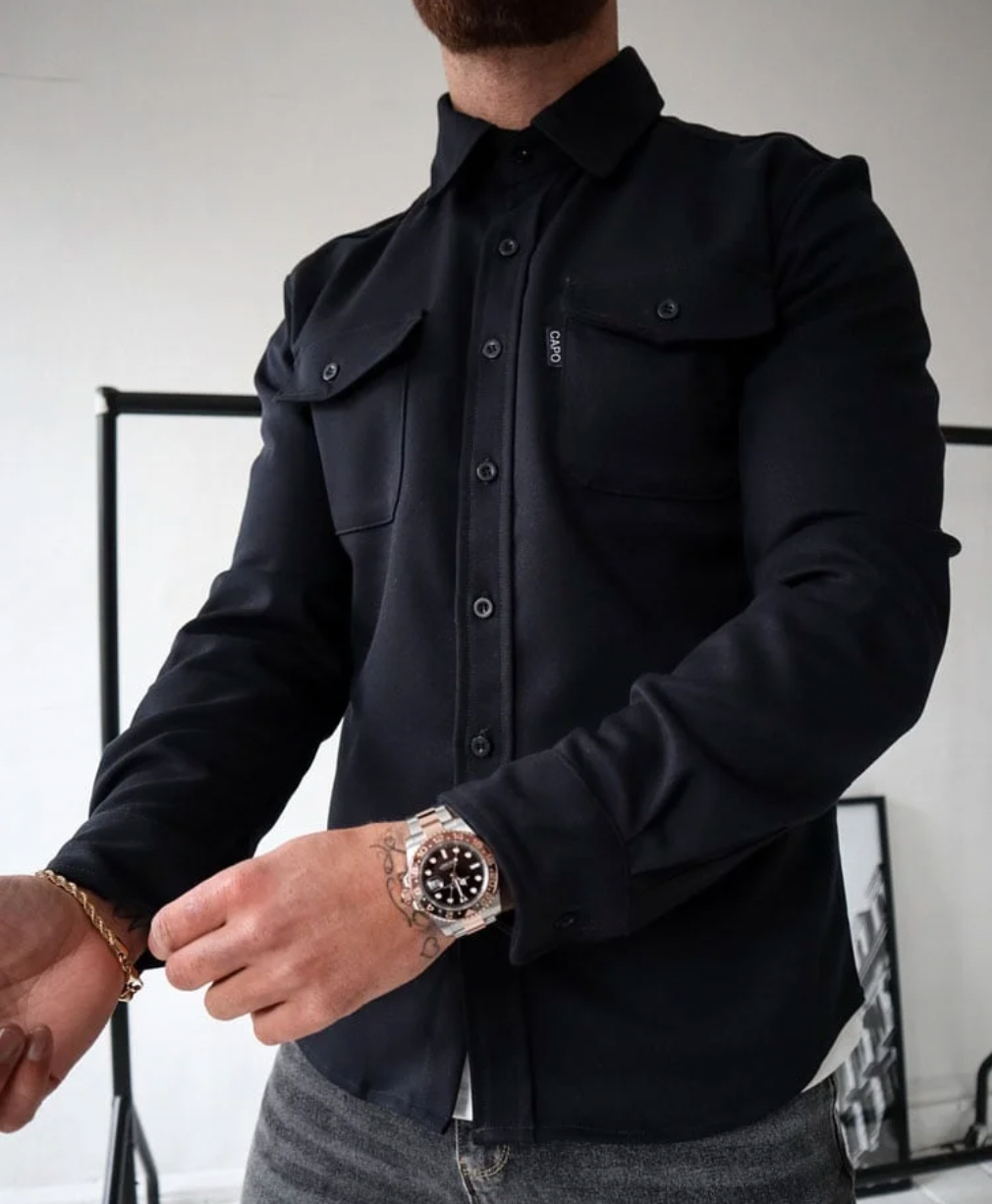 Men's long-sleeve button-front shirt jacket with two flap chest pockets