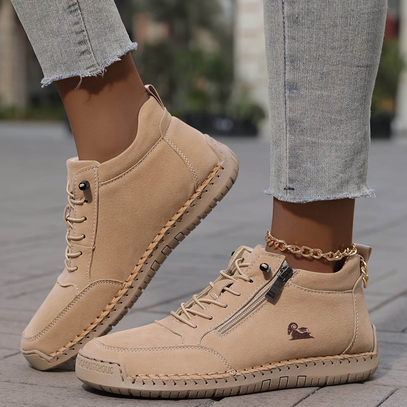 Women's Ankle Boot Lace-Up Side Zip - Beige