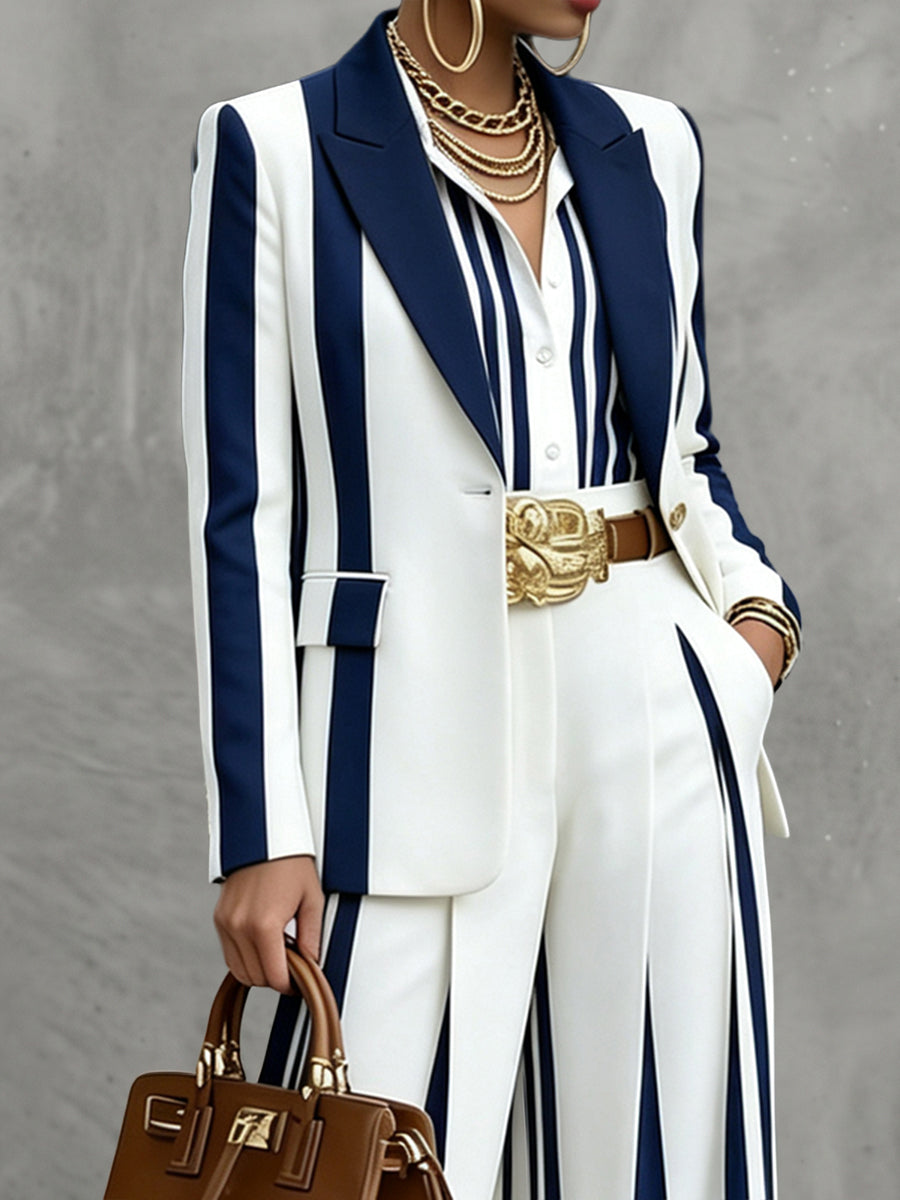 Women's navy and white striped blazer with notched collar and long sleeves