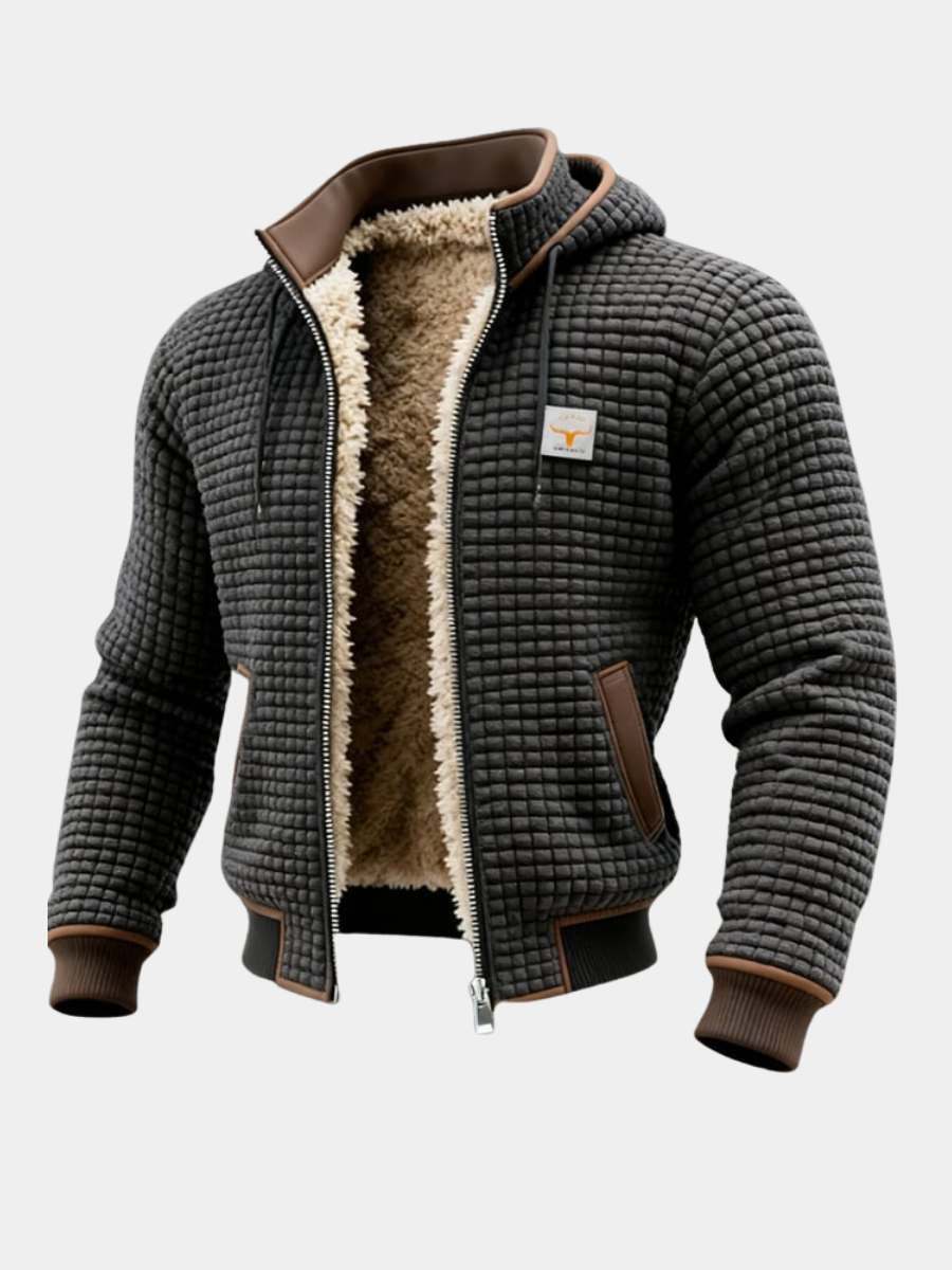 Men's quilted hooded jacket with sherpa lining and zip fastening