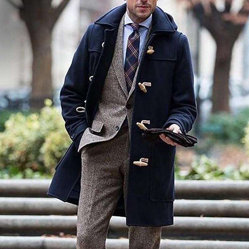 Men's longline trench coat with toggle fastenings, hood and flap pockets