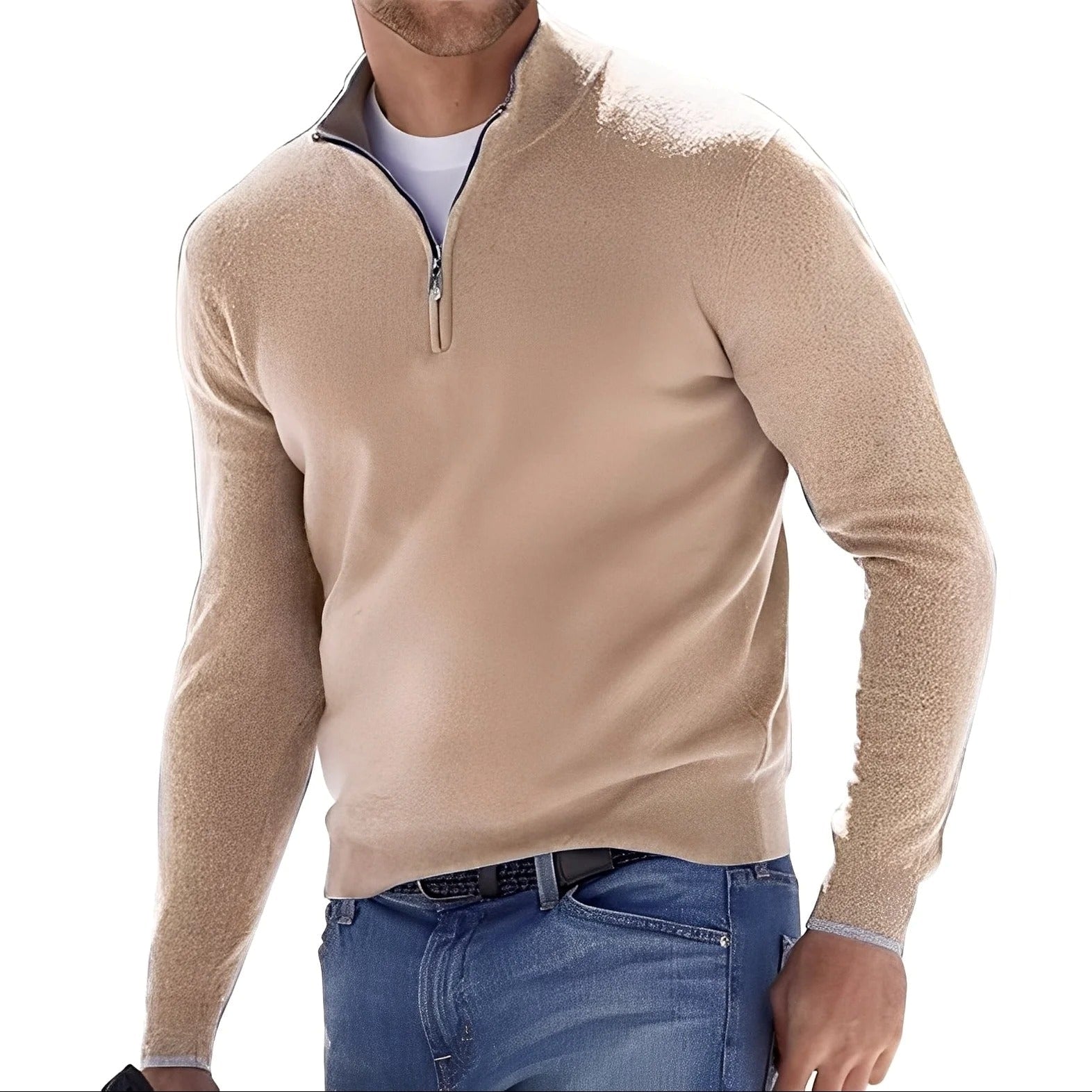 Men's long-sleeve quarter-zip mock neck sweater with ribbed trims
