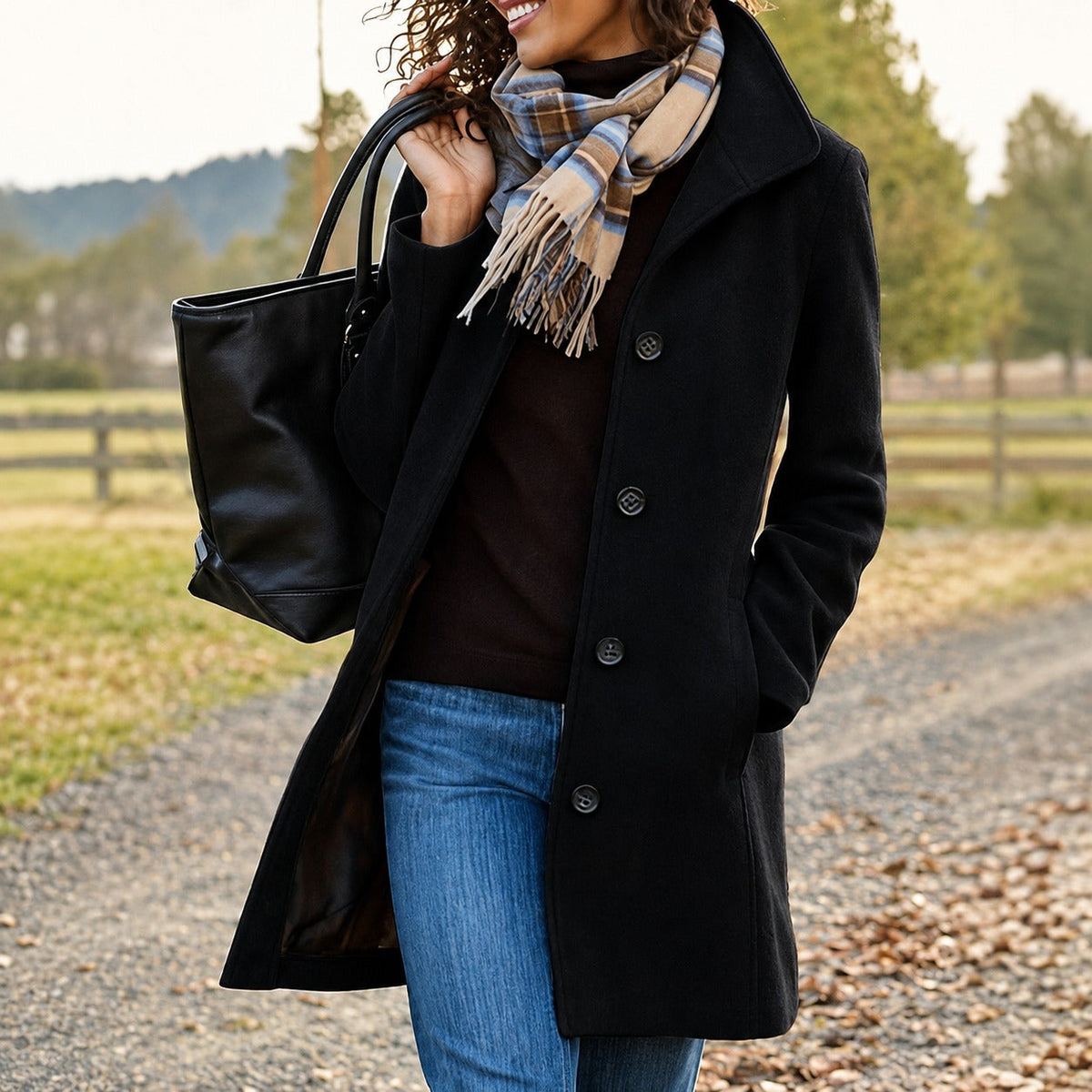 Women's textured mid-length button-front coat with wide collar and side pockets