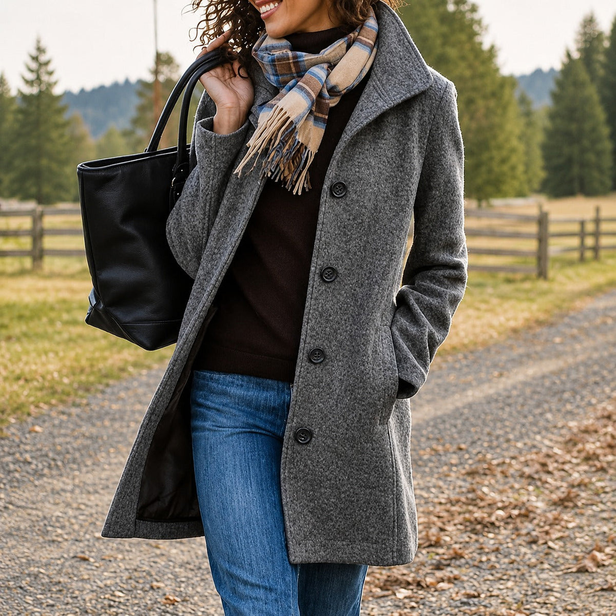 Women's textured mid-length button-front coat with wide collar and side pockets