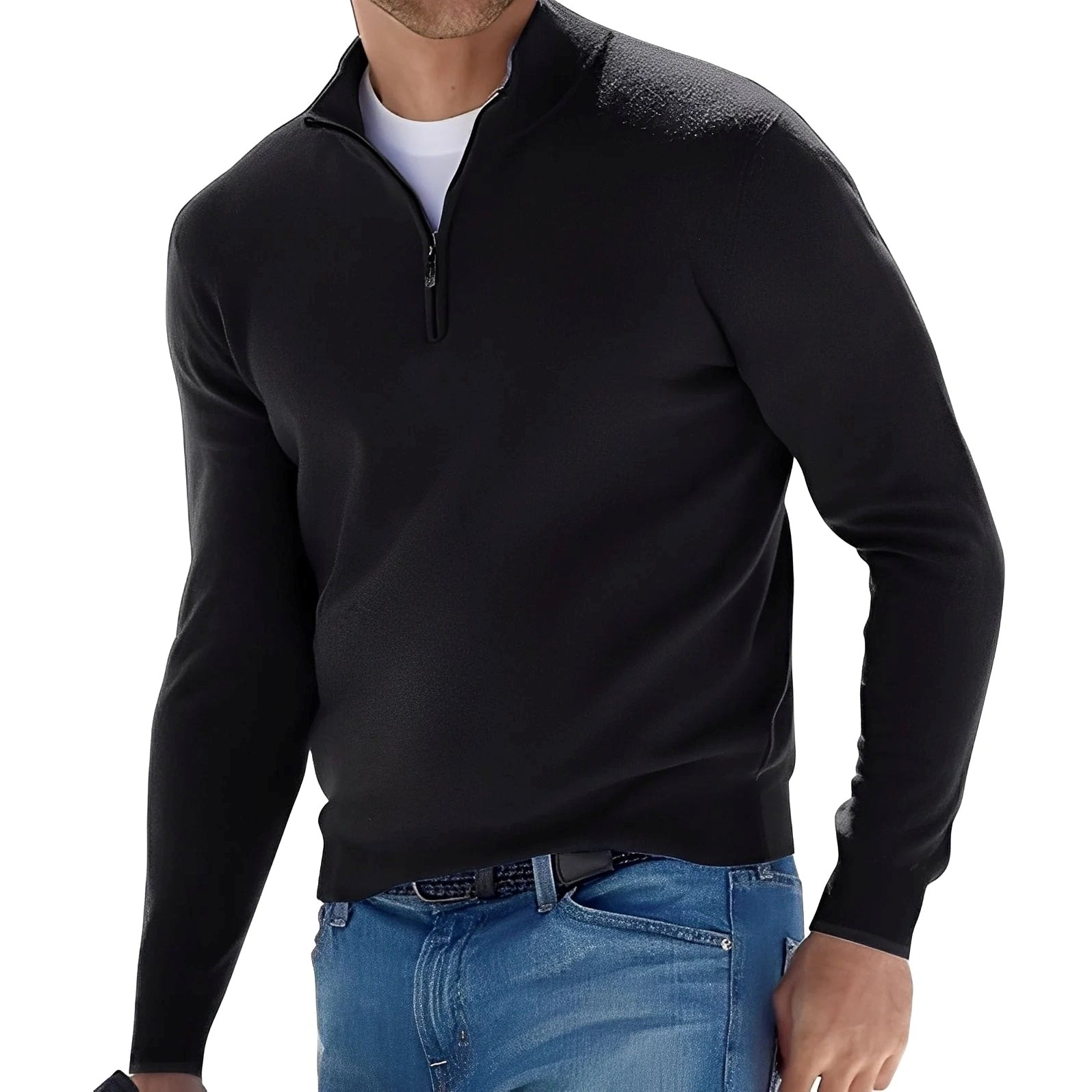 Men's long-sleeve quarter-zip mock neck sweater with ribbed trims