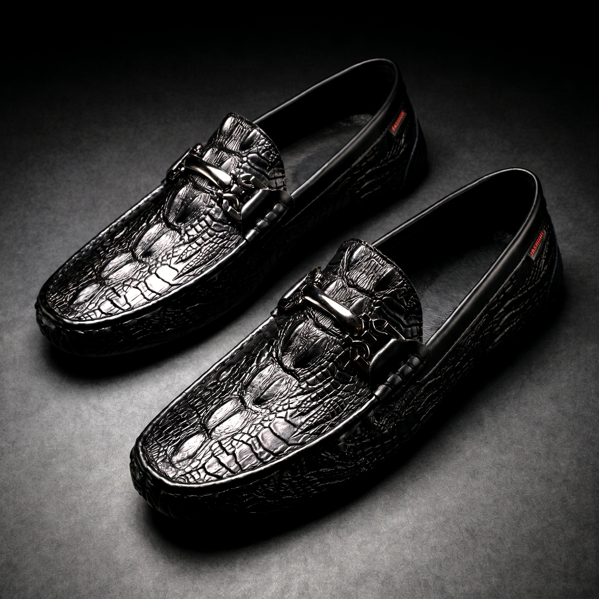 Croc embossed loafers with metal horsebit detail and round toes