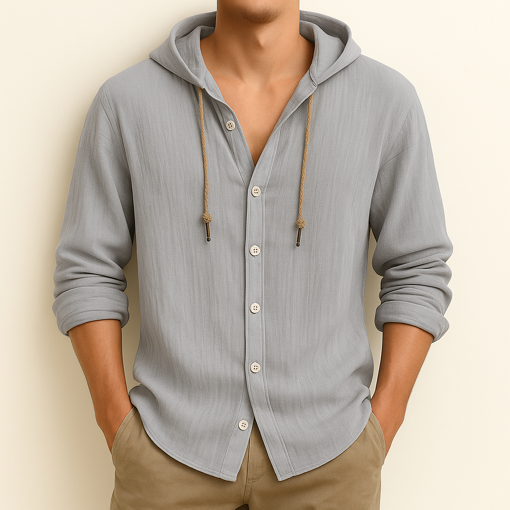 Men's long-sleeved hooded button shirt with drawstrings and curved hem