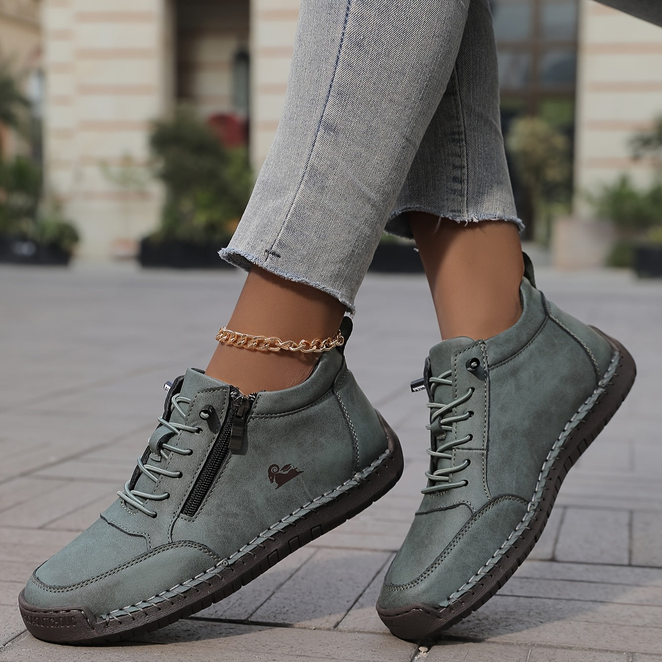 Women's Ankle Boot Lace-Up Side Zip - Green