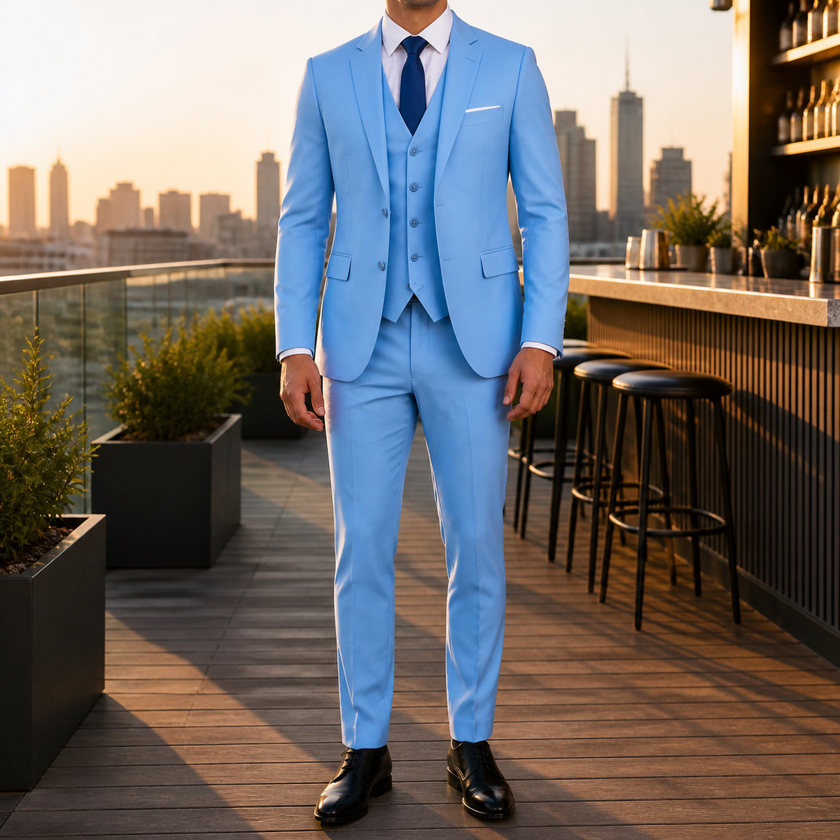 Men's three piece suit with fitted jacket, waistcoat and tailored trousers