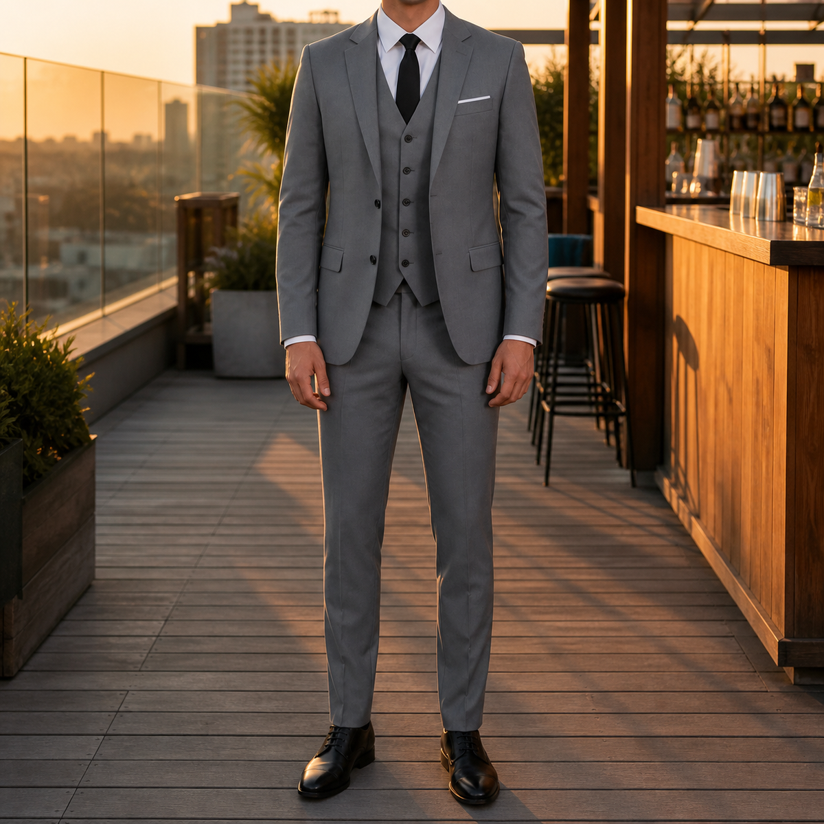 Men's three piece suit with fitted jacket, waistcoat and tailored trousers