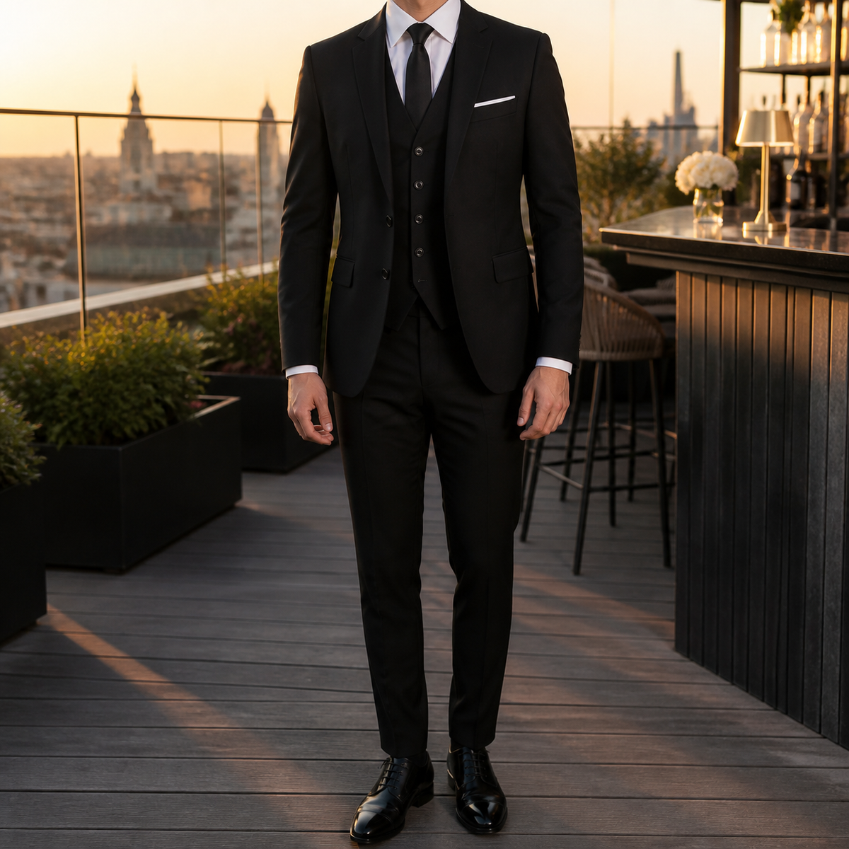Men's three piece suit with fitted jacket, waistcoat and tailored trousers
