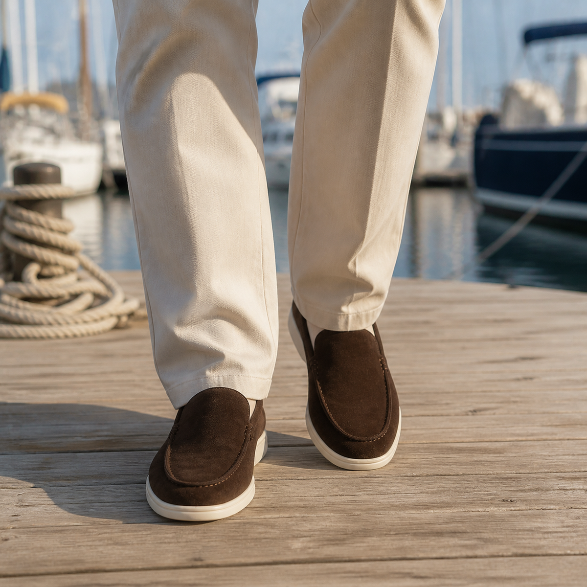 Men's round-toe slip-on loafers with stitched vamp and flat soles