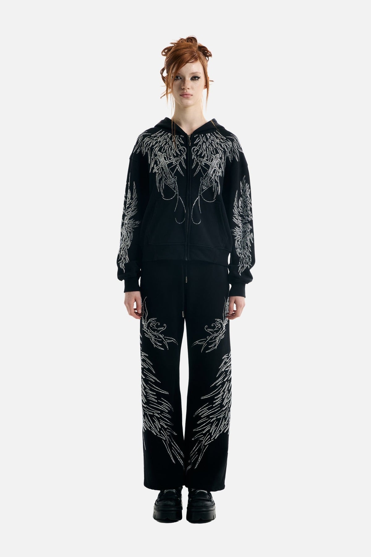 Black hoodie with silver rhinestone wing motifs, hood and zip front