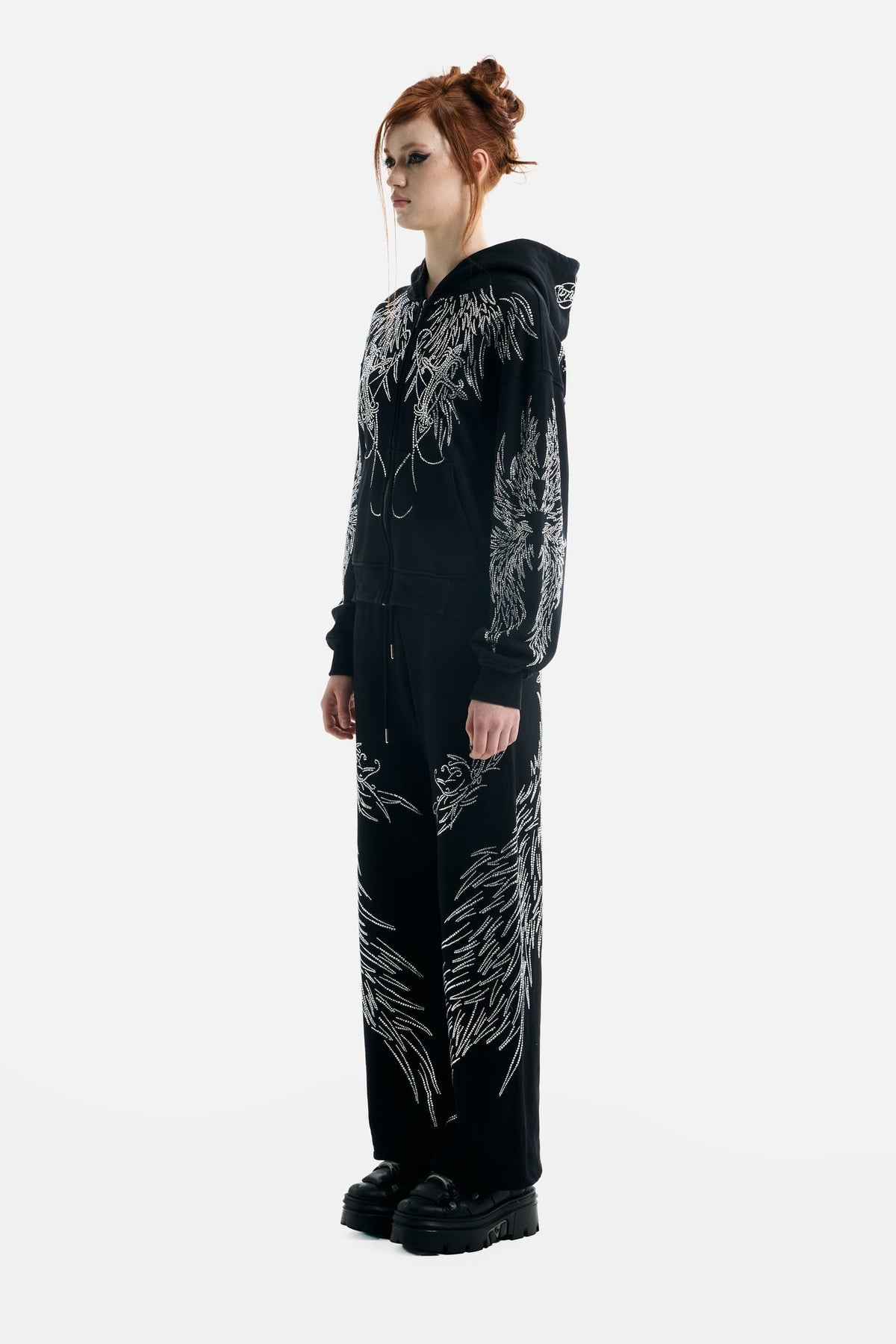 Black hoodie with silver rhinestone wing motifs, hood and zip front