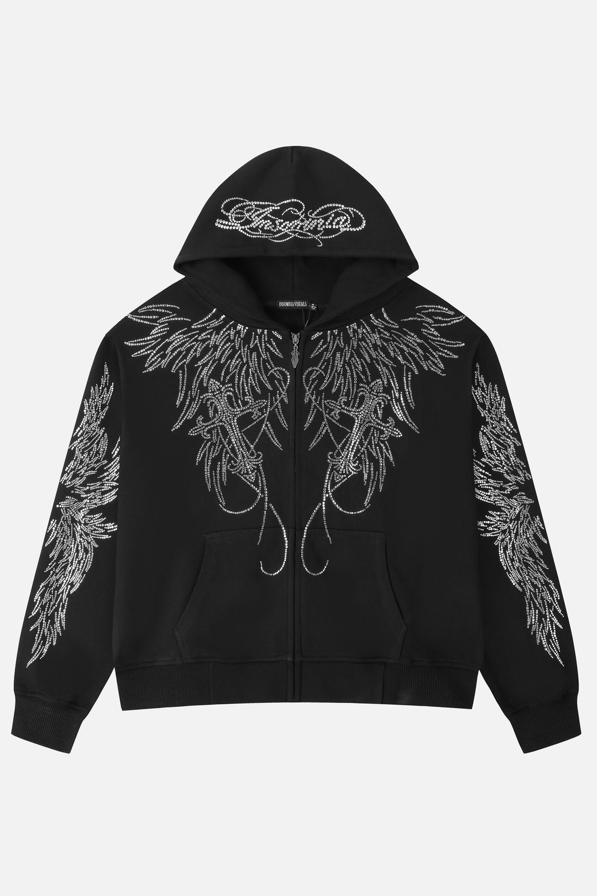 Black hoodie with silver rhinestone wing motifs, hood and zip front
