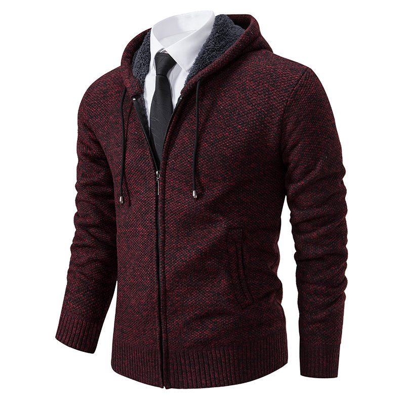 Men's Cardigan Zip-Up Knit Hooded - Wine Red
