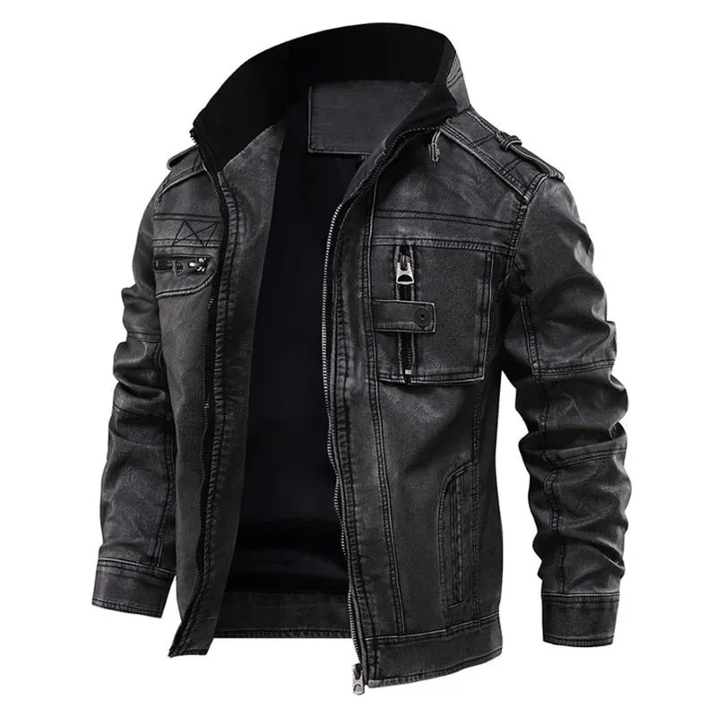 Men's black jacket with stand collar, long sleeves, zip front and chest pockets