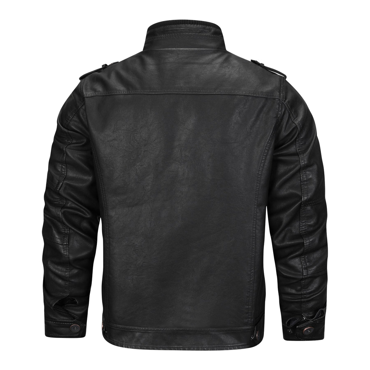 Men's black jacket with stand collar, long sleeves, zip front and chest pockets