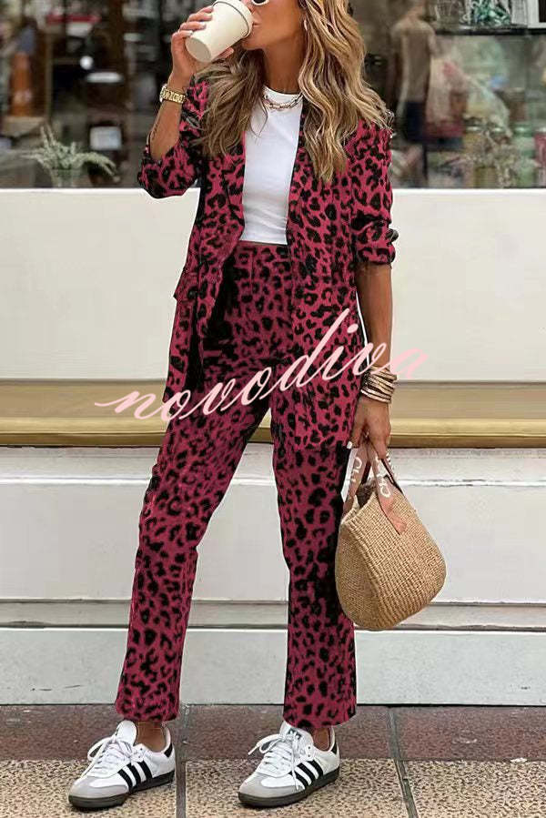 Women's leopard print blazer and trousers set with lapel collar and long sleeves