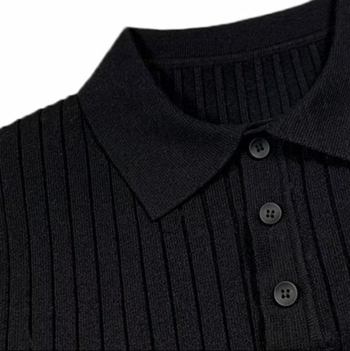 Men's ribbed polo sweater with lapel collar and long sleeves