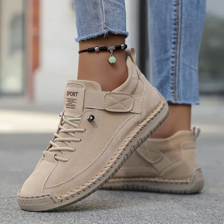 Women's Leather Sneakers Lace-Up Stitch Detail - Beige