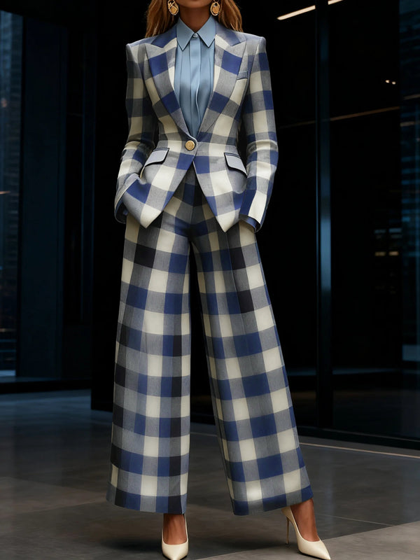 Women's blue checked plaid blazer with notched collar, button fastening and flap pockets