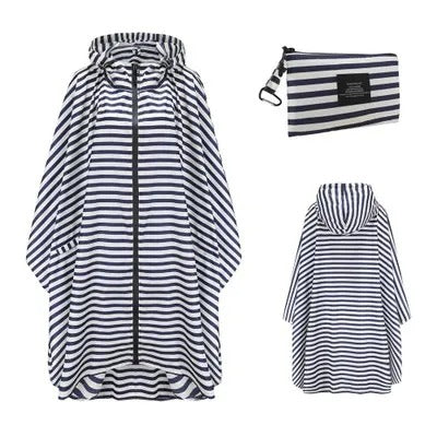 Patterned hooded rain poncho with zip front and wide sleeves