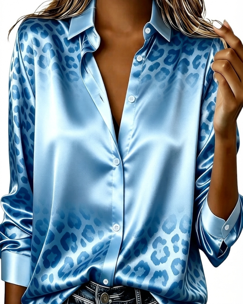 Women's long-sleeve ombre leopard print shirt with revers collar and button front