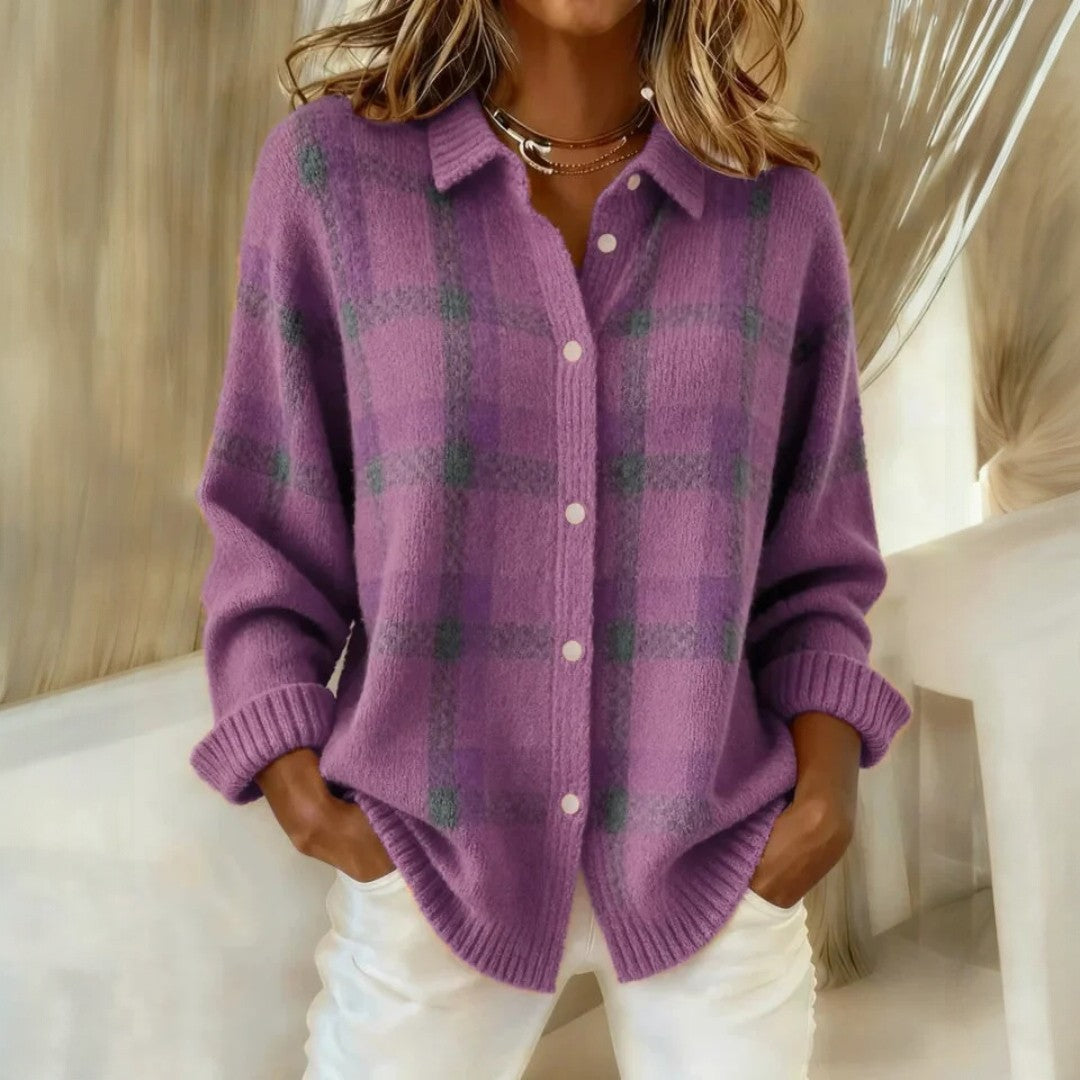 Women's long-sleeved checked collared jumper with button front and ribbed trims