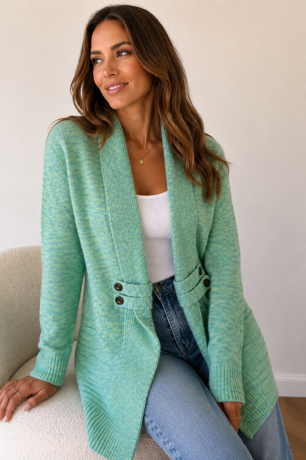 Women's textured open-front longline jacket with shawl collar and button details