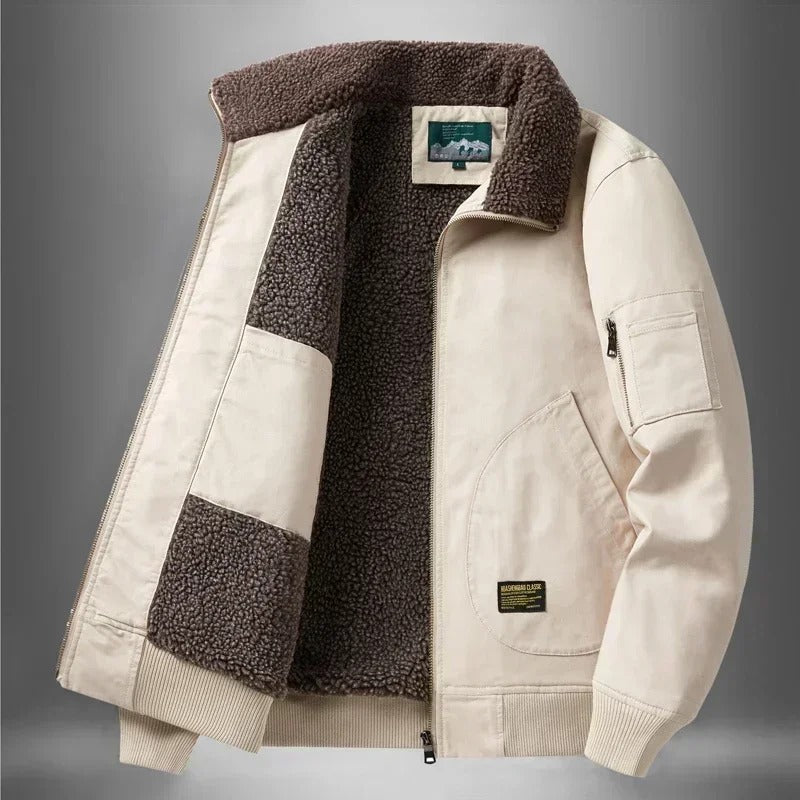Men's Sherpa-Lined Jacket Cotton Fleece Collar - White