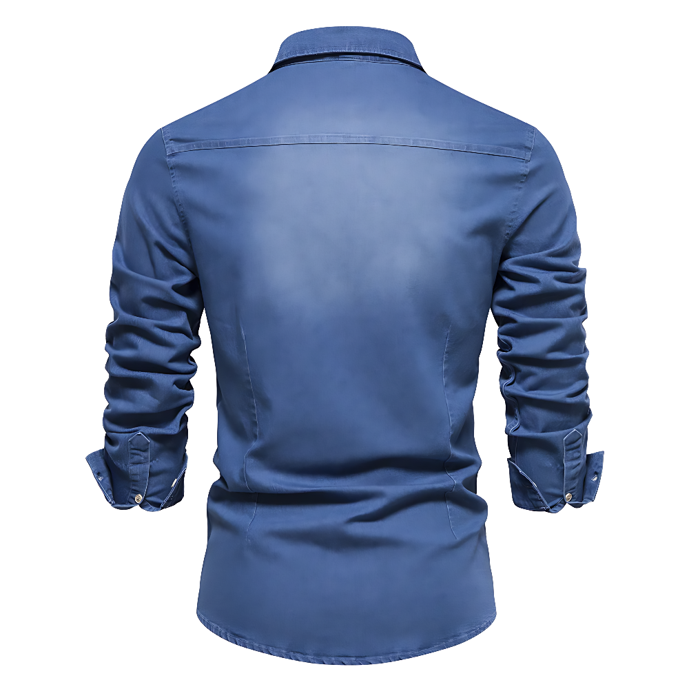 Men's Denim Shirt Western Dual Chest Pockets Long Sleeve - Blue