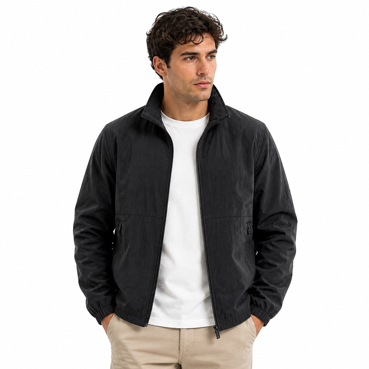 Men's plain lightweight windbreaker jacket with stand collar and zipped pockets