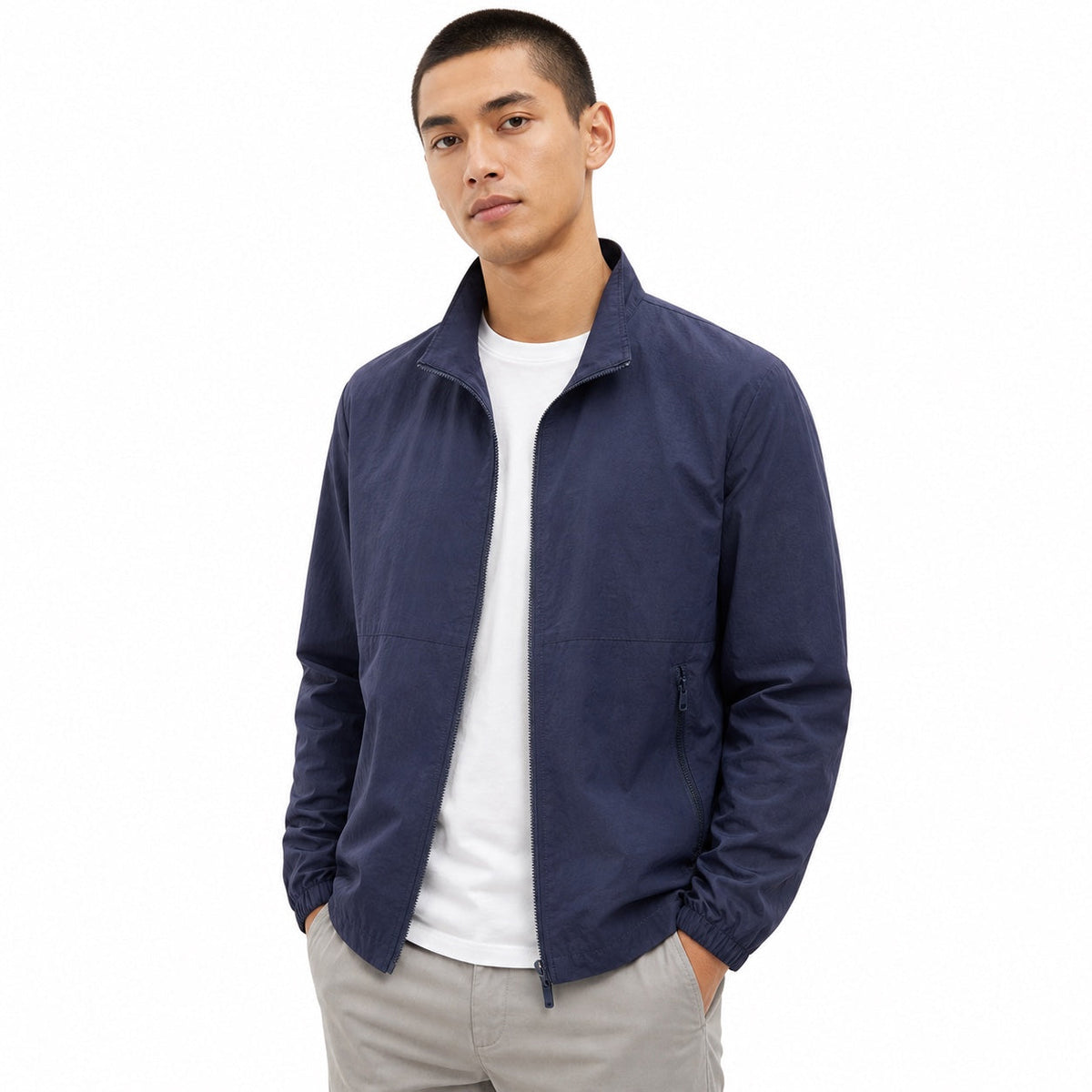 Men's plain lightweight windbreaker jacket with stand collar and zipped pockets