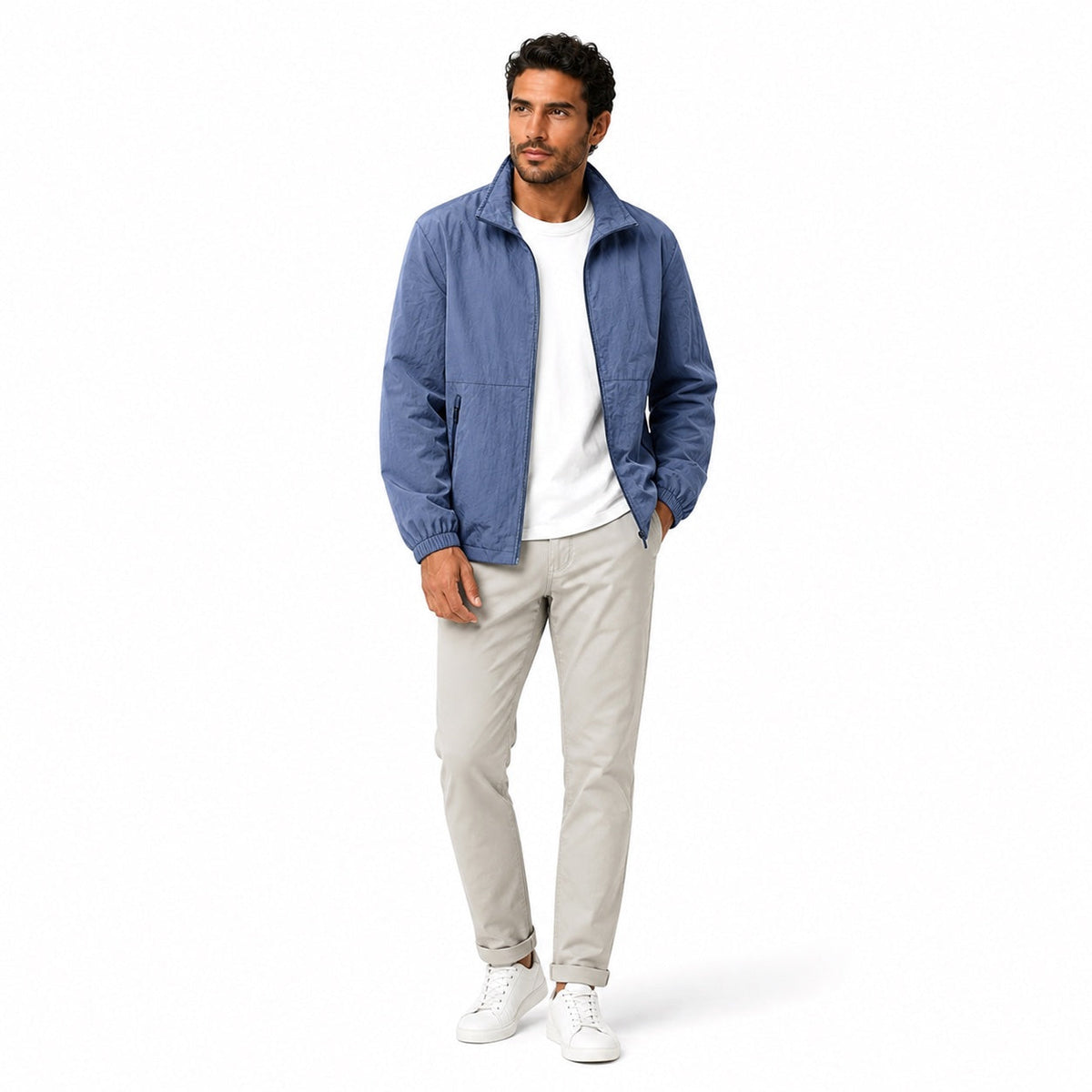 Men's plain lightweight windbreaker jacket with stand collar and zipped pockets