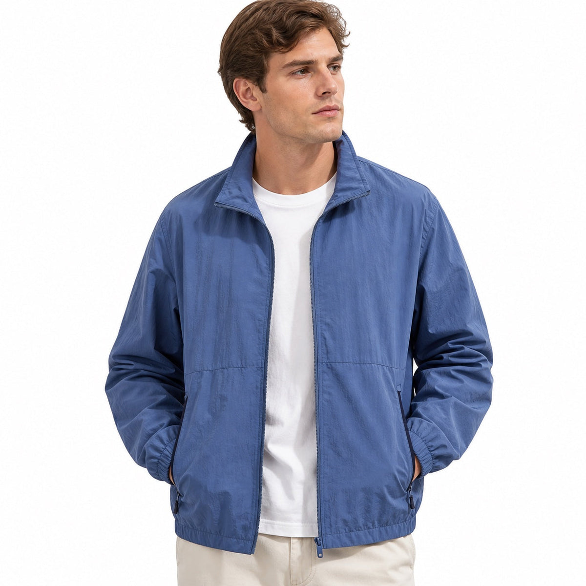 Men's plain lightweight windbreaker jacket with stand collar and zipped pockets