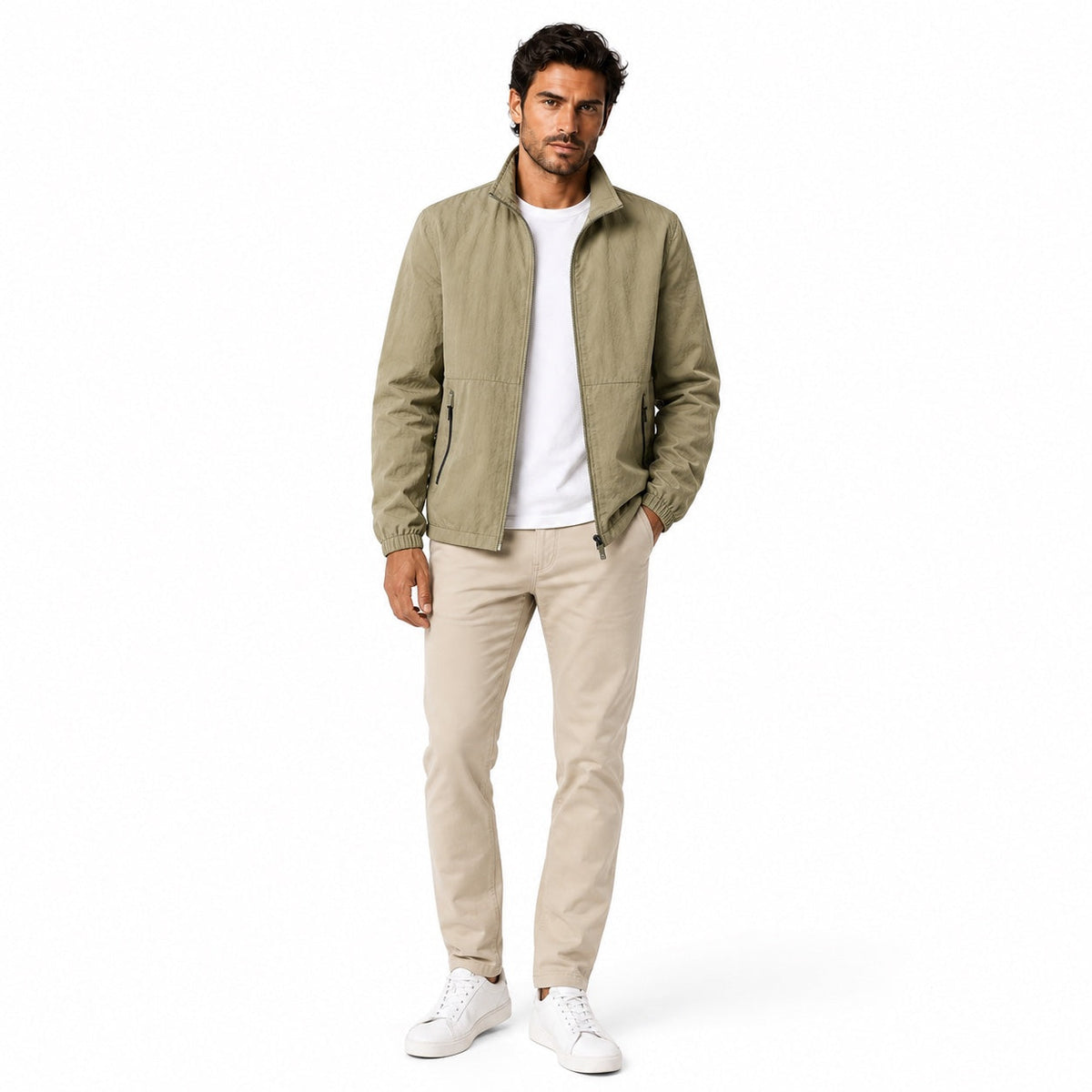 Men's plain lightweight windbreaker jacket with stand collar and zipped pockets