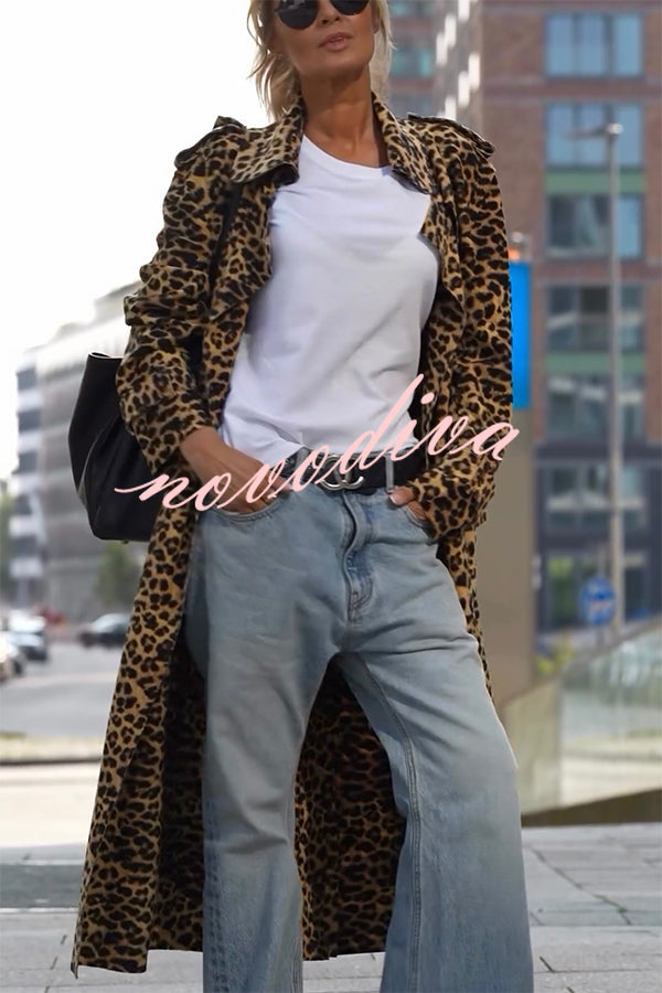 Women's long leopard print coat with lapel collar and long sleeves