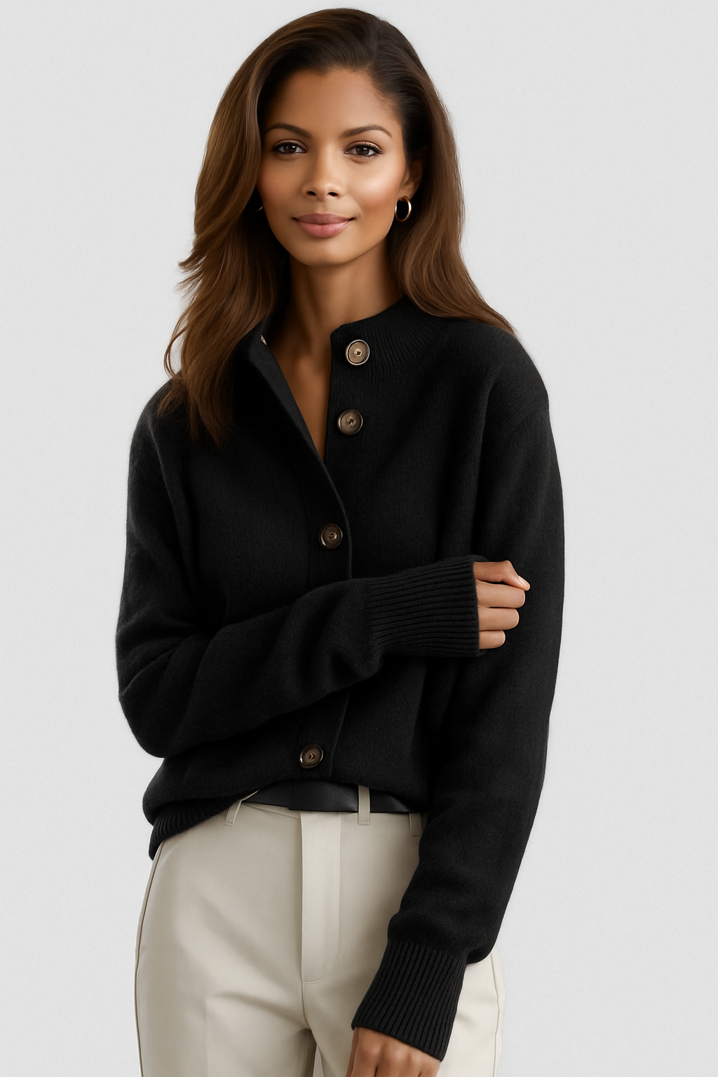 Women's long-sleeve button cardigan with ribbed trims