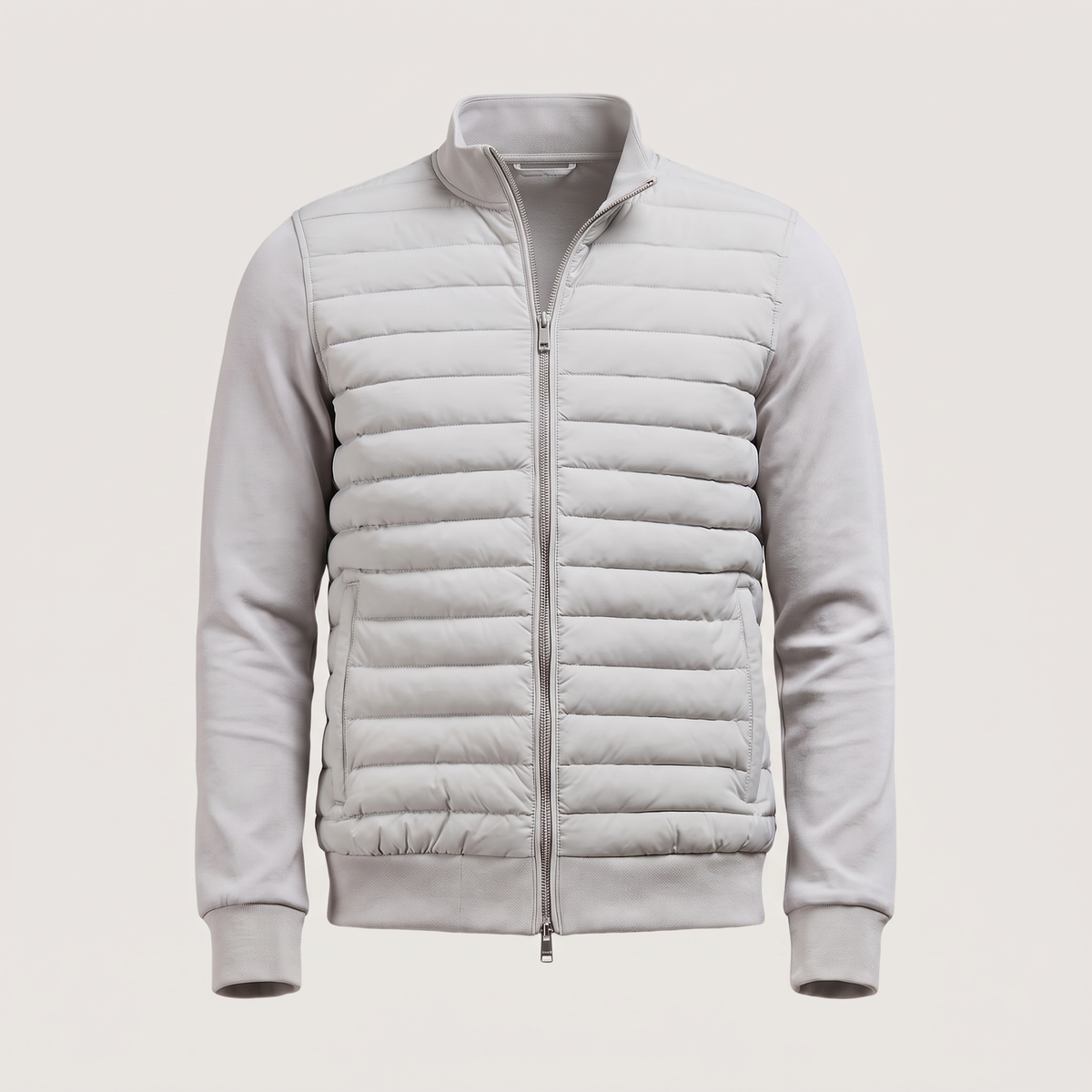 Men's quilted hybrid jacket with stand collar, long sleeves and front pockets