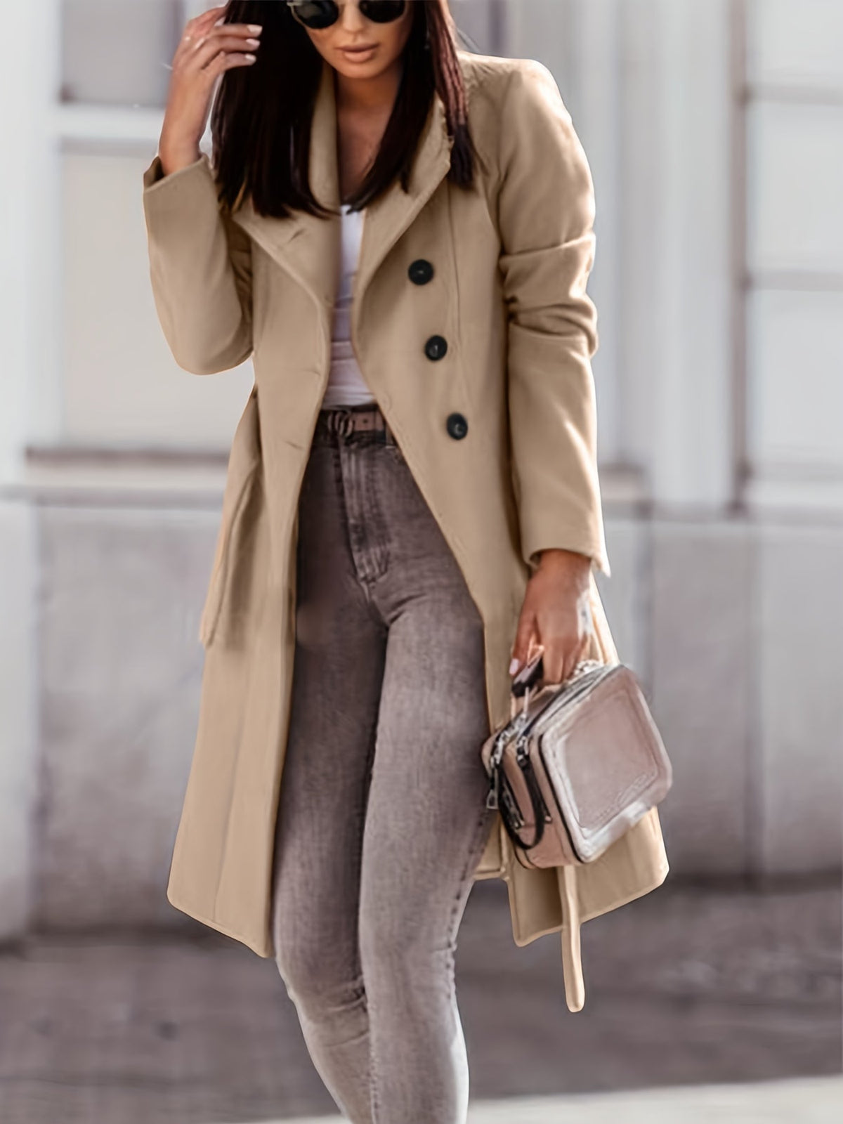 Women's khaki long double-breasted trench coat with lapel collar